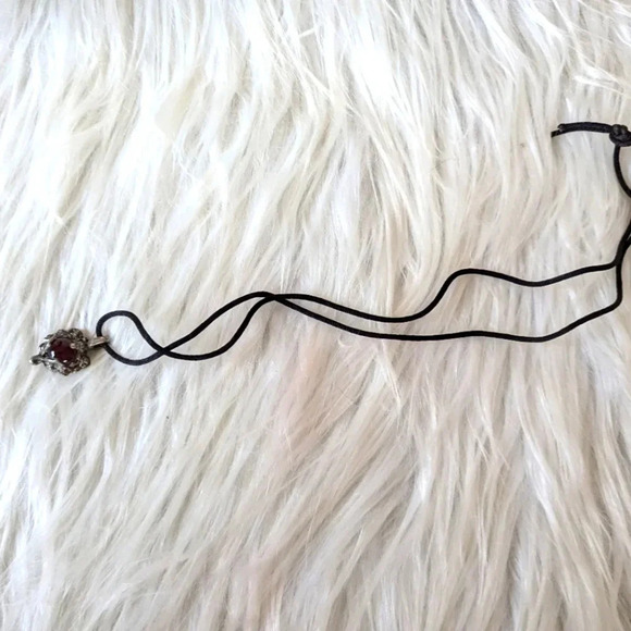 Pewter Necklace- Red Crystal Ball- Goth Heart Pendant Necklace 28" Long - Picture 4 of 11